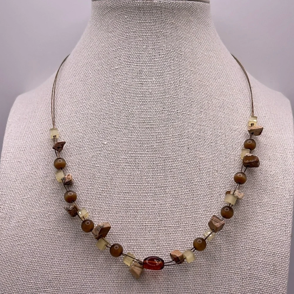 Lia Sophia NIB Jasper & Cats Eye Beaded Gold Tone Wire Necklace - Picture 1 of 7
